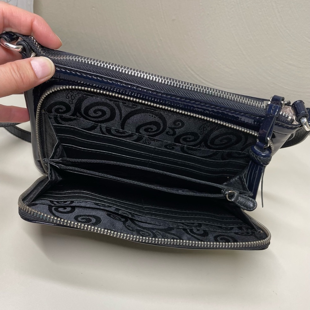 Brighton Dark Blue Leather Lactaded Crossbody Hand Bag, Tassel Many Packets View 5